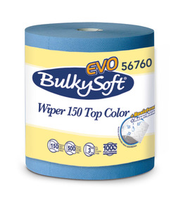 BulkySoft Excellence Wiper Roll ''150'' tekercses ipari kéztörlő, 26 cm átmérő, 150 méter, 500 lap, 3 rétegű, kék, 2 tekercs/zsák