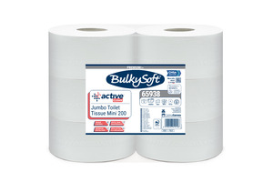 BulkySoft Active Clean Mini Jumbo toalettpapír (wc papír), 20cm, 2 rétegű, hófehér, 200 méter/tekercs, 12 tekercs/zsák