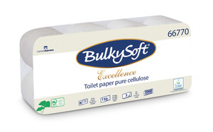 BulkySoft Excellence szállodai toalettpapír (wc papír), 3 rétegű, 150 lapos, hófehér, 8 tekercs/csomag