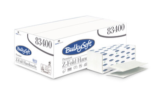 BulkySoft Premium Z hajtogatott kéztörlő, 2 rétegű, hófehér, 23,5x24 cm, 150 lap, 100% cellulóz, 25 csomag/karton