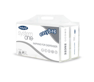 BulkySoft System One easyBag V hajtogatott szalvéta, 2 rétegű, 11x19 cm, 250 lap, hófehér, 100% cellulóz, 24 csomag/karton